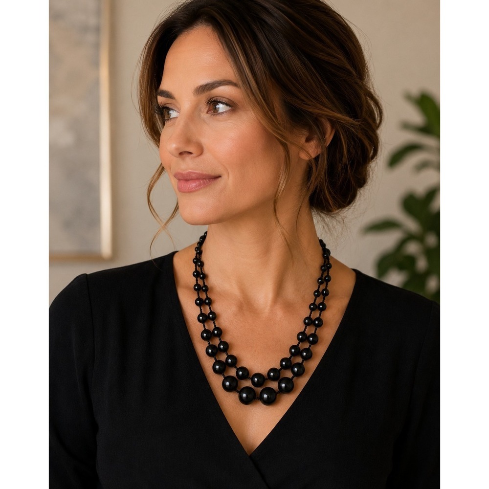 Black Double Strand Beaded Statement Necklace Adjustable Multi Size Glossy Round